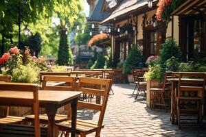 Outdoor table of coffee cafe and restaurant. Summer terrace on city street. Empty outside tables and chairs of outdoor cafe on blur green garden. Cozy outdoor zone cafe and restaurant. Generative AI. photo