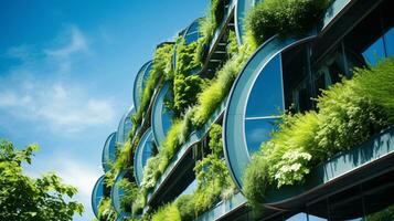 Eco-friendly building in the modern city. Sustainable glass office building with tree for reducing carbon dioxide. Office building with green environment. Corporate building reduce CO2. Generative AI photo