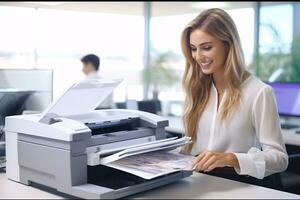 Office worker prints paper on multifunction laser printer. Document and paperwork concept. Secretary work. Smiling woman working in business office. Copy, print, scan, and fax machine. Generative AI. photo