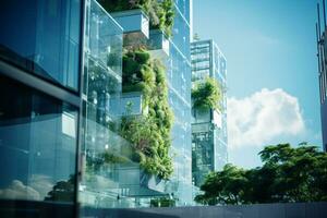 Respetuoso del medio ambiente edificio en el moderno ciudad. sostenible vaso oficina edificio con árbol para reduciendo carbón dióxido. oficina edificio con verde ambiente. corporativo edificio reducir co2 generativo ai foto