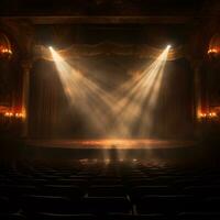 teatro etapa ligero antecedentes con destacar iluminado el etapa para ópera actuación. vacío etapa con calentar ambiente colores, niebla, fumar, fondo decoración. entretenimiento espectáculo. generativo ai. foto