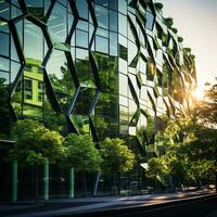 Eco-friendly building in the modern city. Sustainable glass office building with tree for reducing carbon dioxide. Office building with green environment. Corporate building reduce CO2. Generative AI. photo