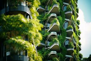 Sustainable green building in modern city. Green architecture. Eco-friendly building. Sustainable building with vertical garden reduce CO2. Futuristic building. Net zero emissions. Generative AI. photo