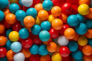 Multicolored plastic balls in ball pool at kids playground. Colorful plastic ball texture background. Many small colorful plastic soft kids balls are in a ball pit. Play toy for kids. Generative AI. photo