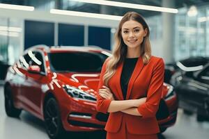 profesional lujo coche vendedora en lujo sala de exposición. auto concesión oficina. coche comerciante negocio. sonriente mujer en sala de exposición. costoso coche. automotor industria. lujo coche agente. generativo ai. foto