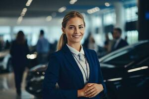 profesional lujo coche vendedora en lujo sala de exposición. auto concesión oficina. coche comerciante negocio. sonriente mujer en sala de exposición. costoso coche. automotor industria. lujo coche agente. generativo ai. foto