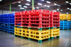 Pile of plastic shipping pallet. Industrial plastic pallet stacked at factory warehouse. Plastic pallet rack for export delivery industry. Plastic pallet storage warehouse. Generative AI. photo