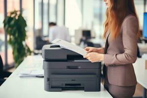 Office worker print paper on multifunction laser printer. Document and paperwork. Secretary work. Woman working in business office. Copy, print, scan, and fax machine. Print technology. Generative AI. photo