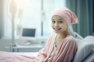 Happy cancer patient. Smiling girl after chemotherapy treatment at hospital oncology department. Leukemia cancer recovery. Cancer survivor. Smiling bald cute girl with a pink headscarf. Generative AI. photo