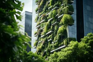 Sustainable green building in modern city. Green architecture. Eco-friendly building. Sustainable building with vertical garden reduce CO2. Futuristic building. Net zero emissions. Generative AI. photo