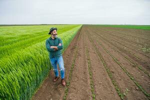 Happy farmer is standing beside  his growing wheat field photo