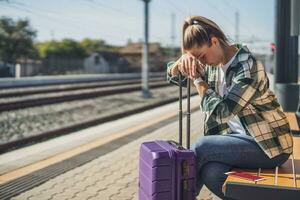 preocupado mujer sentado en un banco a el tren estación foto