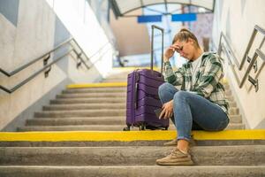 preocupado mujer con un teléfono y maleta sentado en un escalera a el tren estación foto