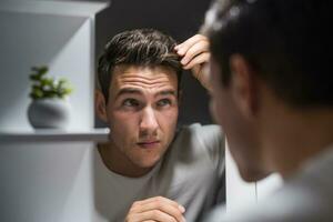 Worried man is looking his hair in the mirror photo