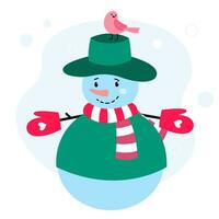 Snowman with green hat and bird. Color illustration vector