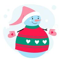 Cheerful snowman in a brightly colored sweater. Colorful illustration on white background vector