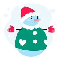 Cheerful snowman in green coat and red hat. Colorful illustration on white background vector