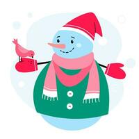 Cute snowman in hat and long scarf feeds bird. Color Illustration vector