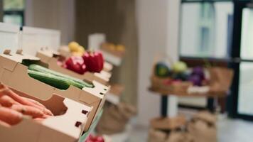 Empty local zero waste eco store with homegrown chemicals free fruits and vegetables in crates, pasta or spices stored in reusable containers. Organic food merchandise at organic market. video