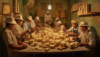 ai generado queso Camembert, queso Brie, Gruyère, gouda, cabra queso francés Tiendas Delicatessen en de madera tablón generado por ai foto