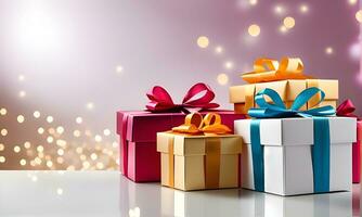 AI generated Four gift boxes on plastic surface, bright bokeh photo