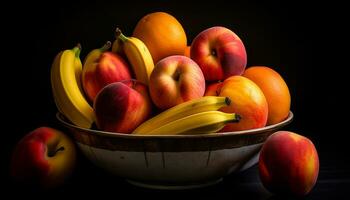 ai generado Fresco frutas y verduras, un vistoso cesta de sano abundancia generado por ai foto