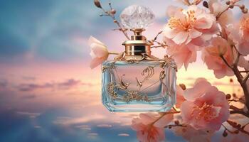 AI generated Beautiful perfume bottle with flowers against photo