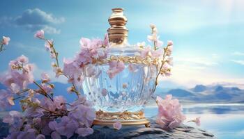 AI generated Beautiful perfume bottle with flowers against photo