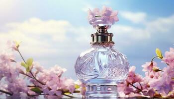 AI generated Beautiful perfume bottle with flowers against photo