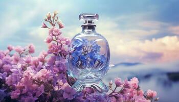 AI generated Beautiful perfume bottle with flowers against photo