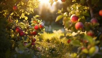 AI generated Freshness of autumn, orange pumpkin on tree, nature vibrant colors generated by AI photo