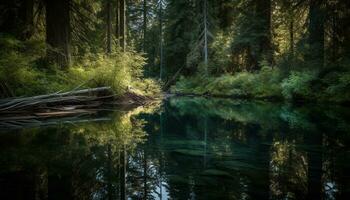 AI generated Tranquil tropical rainforest, green palm trees, flowing water, serene landscape generated by AI photo