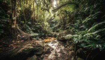 ai generado tranquilo tropical selva, verde palma árboles, fluido agua, sereno paisaje generado por ai foto