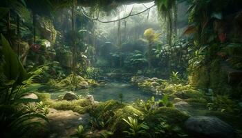 AI generated Tranquil tropical rainforest, green palm trees, flowing water, serene landscape generated by AI photo