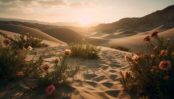 AI generated Tranquil sunset over arid mountains, dusty footpath leads west generated by AI photo