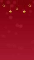 rosso Natale verticale video animazione sfondo decorato con sospeso oro stelle e sfocato i fiocchi di neve