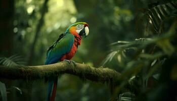 AI generated Tropical rainforest, green leaves, tranquil scene, animals, adventure, mysterious rock generated by AI photo