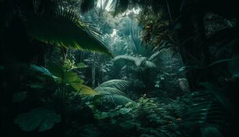 AI generated Tropical rainforest, green leaves, tranquil scene, animals, adventure, mysterious rock generated by AI photo