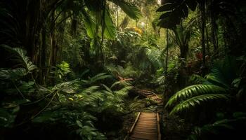 AI generated Tropical rainforest, green leaves, tranquil scene, animals, adventure, mysterious rock generated by AI photo