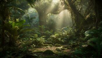 AI generated Tropical rainforest, green leaves, tranquil scene, animals, adventure, mysterious rock generated by AI photo