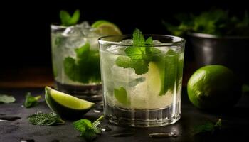 AI generated Refreshing mojito cocktail with lime, mint leaf, and citrus fruit generated by AI photo