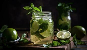 AI generated Refreshing mojito cocktail with lime, mint leaf, and citrus fruit generated by AI photo