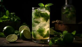 ai generado refrescante mojito cóctel con Lima, menta hoja, y agrios Fruta generado por ai foto