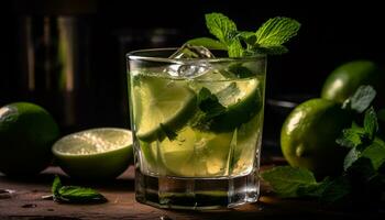 AI generated Refreshing mojito cocktail with lime, mint leaf, and citrus fruit generated by AI photo