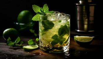 AI generated Refreshing mojito cocktail with lime, mint leaf, and citrus fruit generated by AI photo