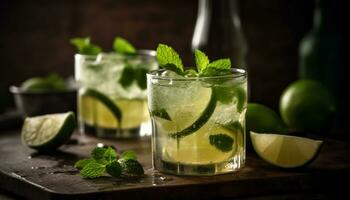 AI generated Refreshing mojito cocktail with lime, mint leaf, and citrus fruit generated by AI photo