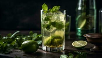 AI generated Refreshing mojito cocktail with lime, mint leaf, and citrus fruit generated by AI photo