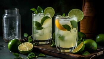 AI generated Refreshing mojito cocktail with lime, mint leaf, and citrus fruit generated by AI photo