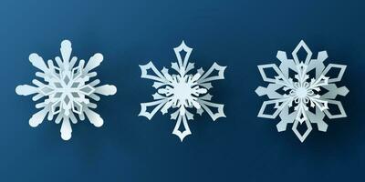 Vector set white christmas paper cut 3d snowflake with shadow on blue colored background. Winter design elements for presentation, banner, cover, web, flyer, card, sale, poster, slide and social media