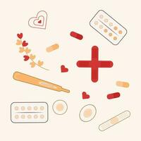 Medicine elements vector set. Illustration first aid box, pills, plaster, thermometer, red cross, hearts, twigs with leaves of hearts and other tools in flat cartoon design. Icon for design medical